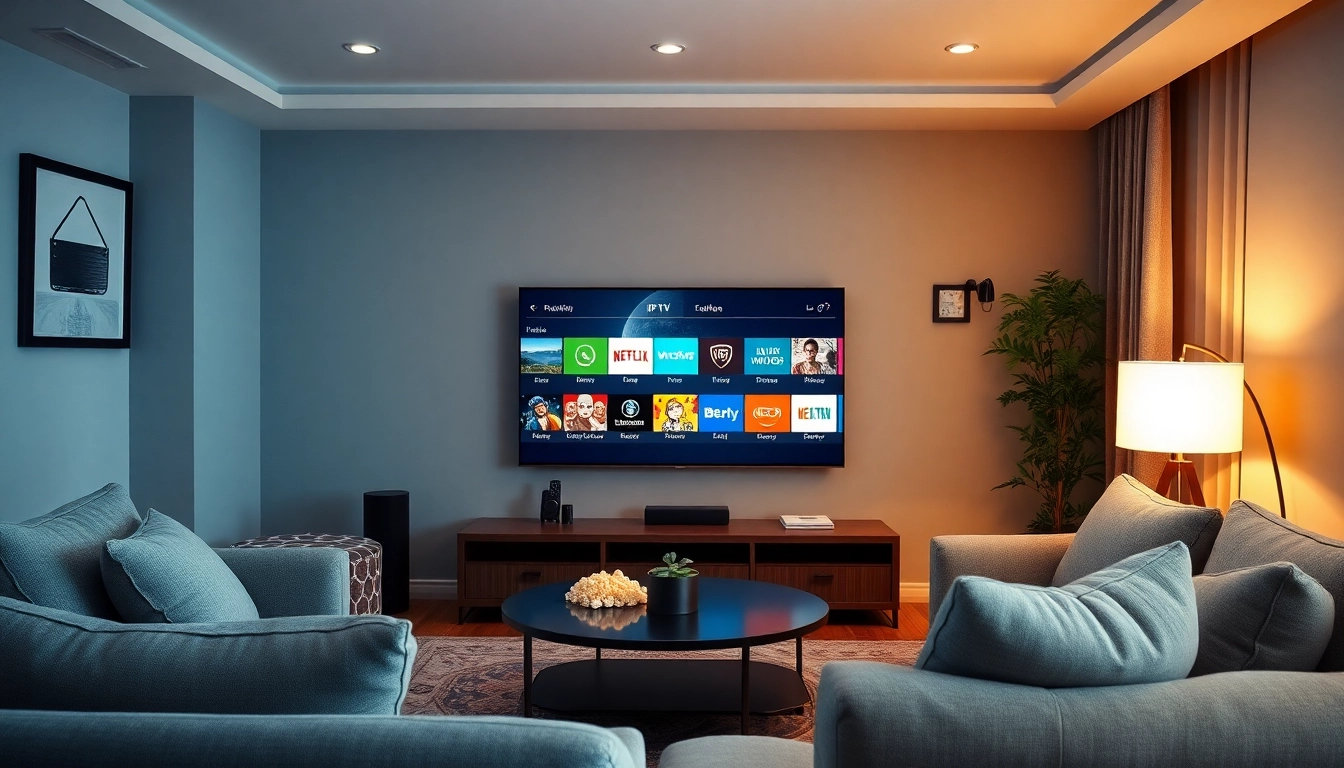 Engage with top IPTV Suisse services in a cozy living room showcasing a TV with a variety of channels.