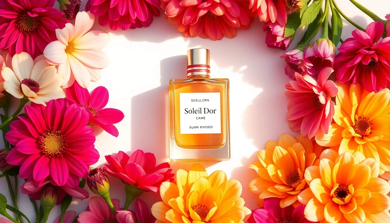 Soleil Dor perfume displayed elegantly with colorful floral accents, showcasing its luxurious essence.