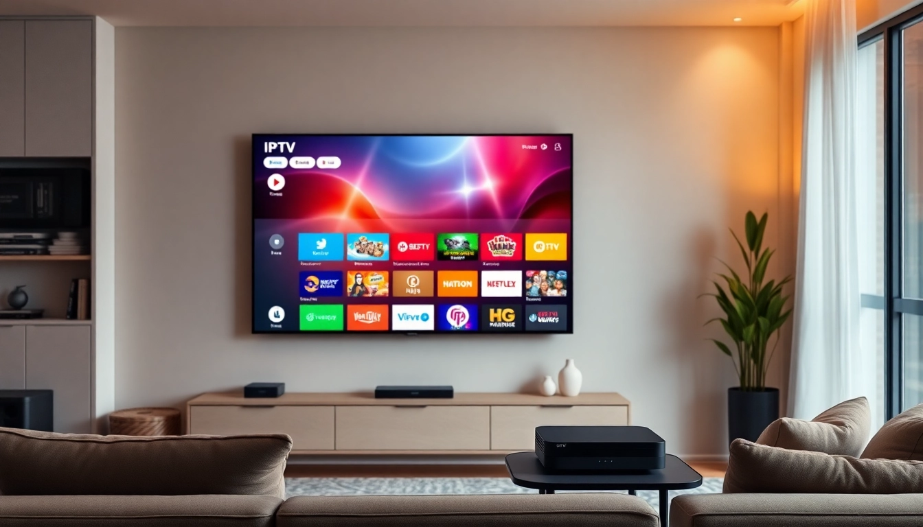 Explore our abonnement iptv plans with a sleek IPTV box in a modern living room setup.