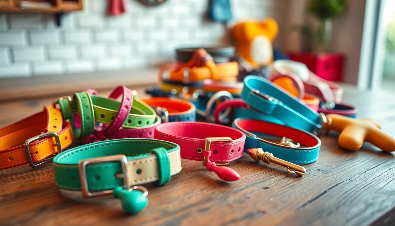 Showcasing vibrant pet accessories including collars and toys for happy pets.