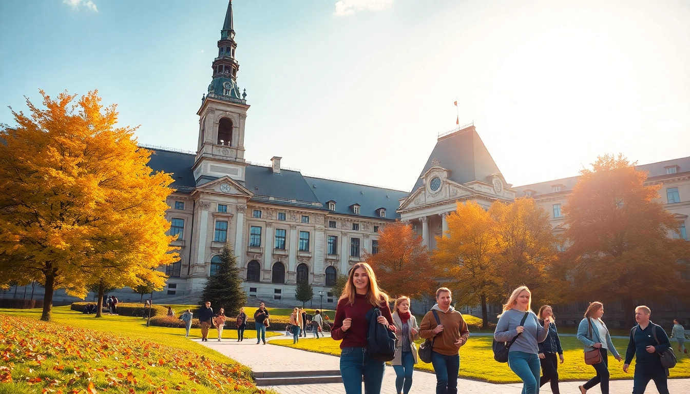 Students enjoying Polonya'da Üniversite Eğitimi on a picturesque autumn day at a Polish university campus.