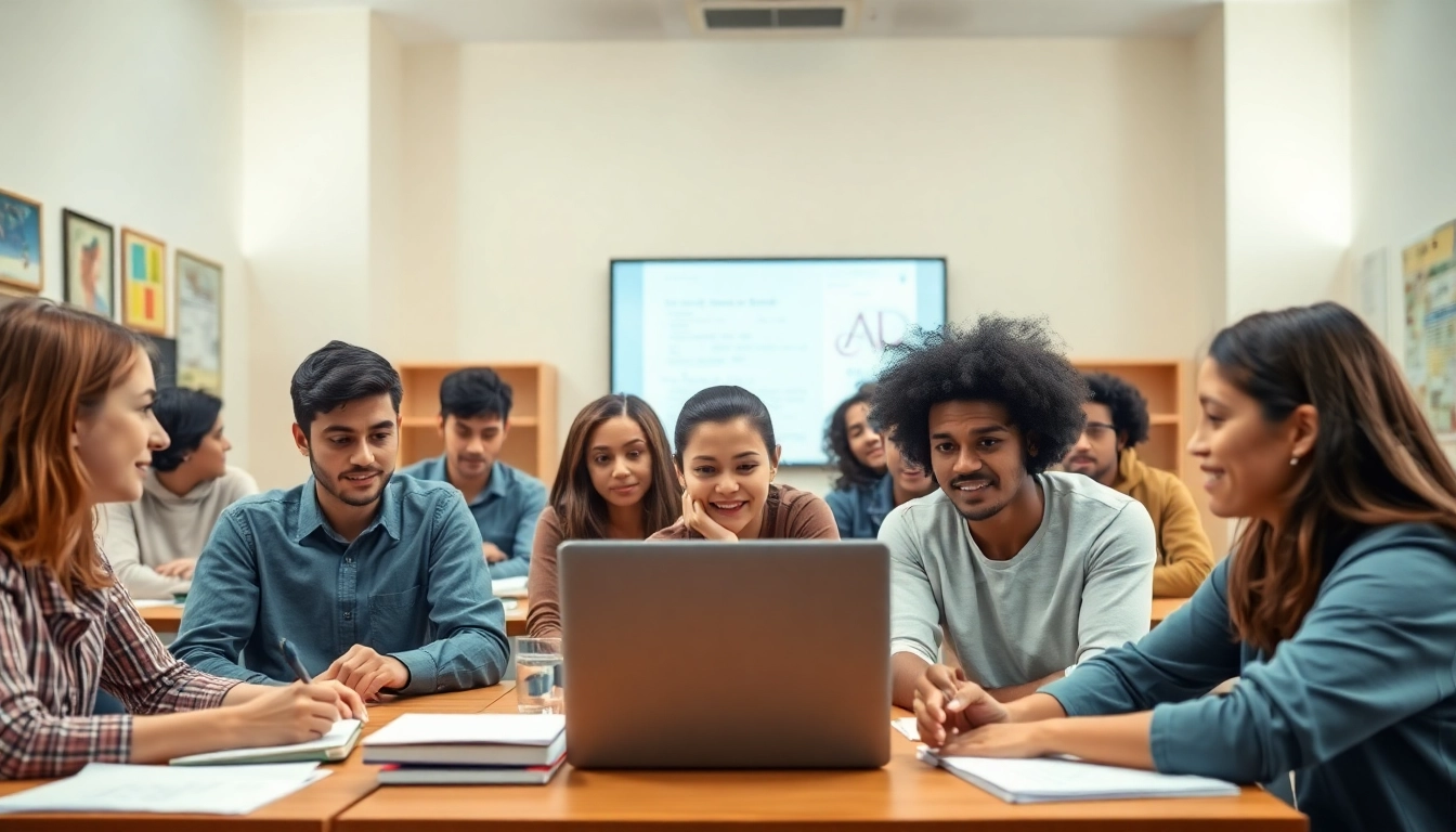 Students taking the english test duolingo in a vibrant online classroom setting.