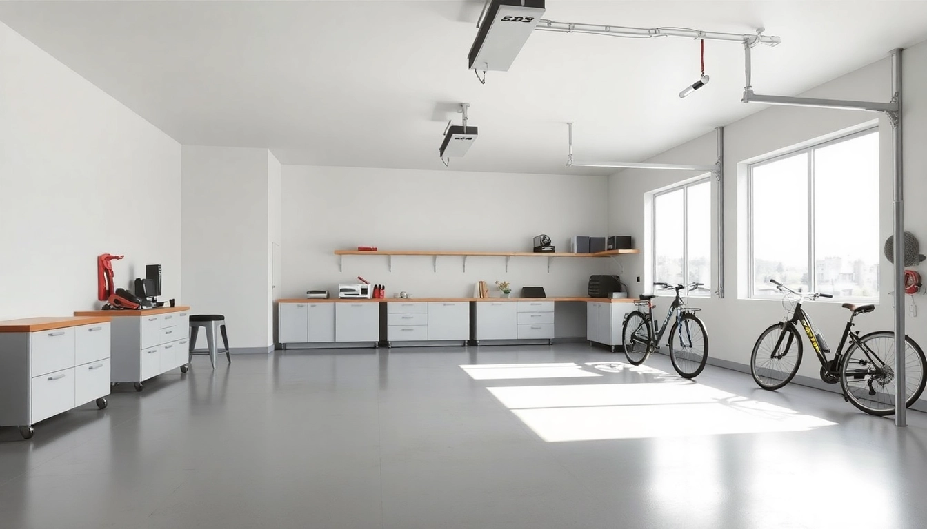 Custom garages with modern design and integrated workspace showcasing a minimalist aesthetic.