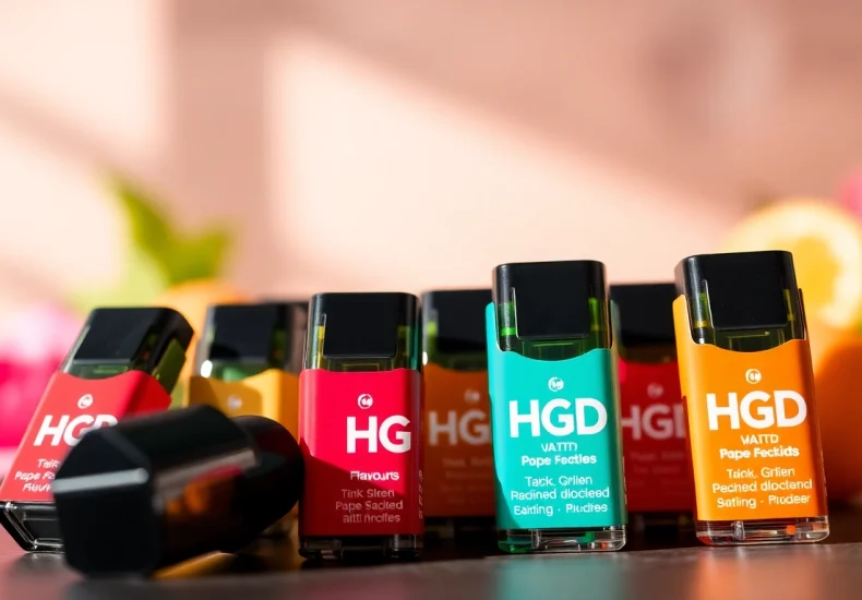 View of Hqd Pods featuring various vibrant flavors, showcasing sleek design and premium quality.