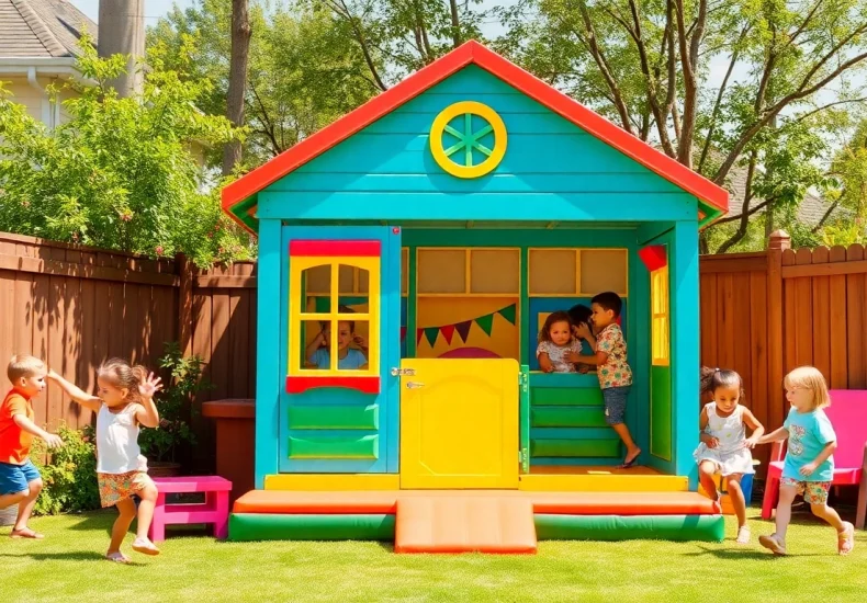 Children bouncing joyfully in a colorful jump house during a birthday party.