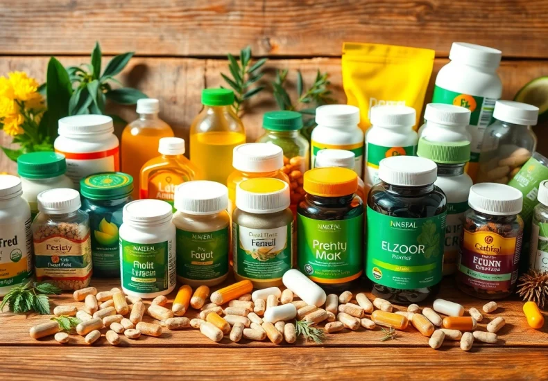 Showcase an array of dietary supplements in attractive packaging, highlighting health benefits.