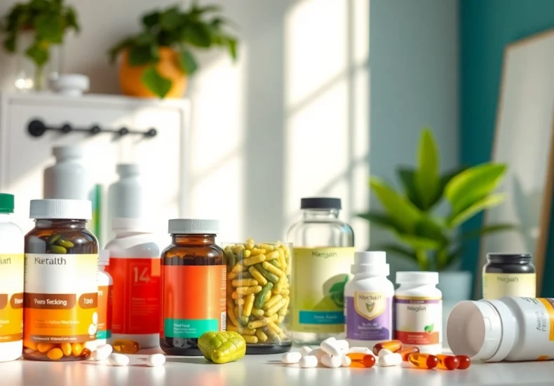 Showcase dietary supplements with vibrant labels, promoting health and wellness in a bright, inviting setting.