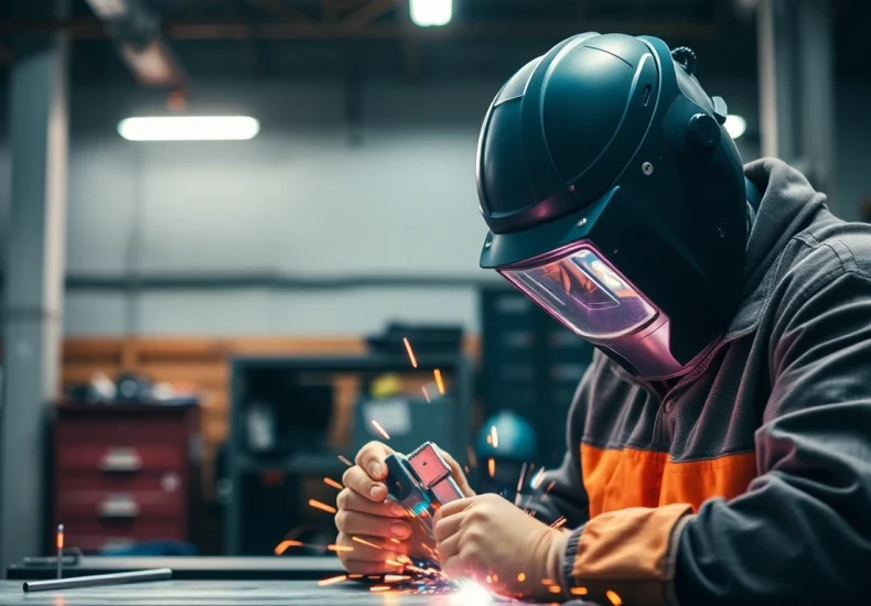 Welder using high-quality welding supplies in a bright workshop environment.