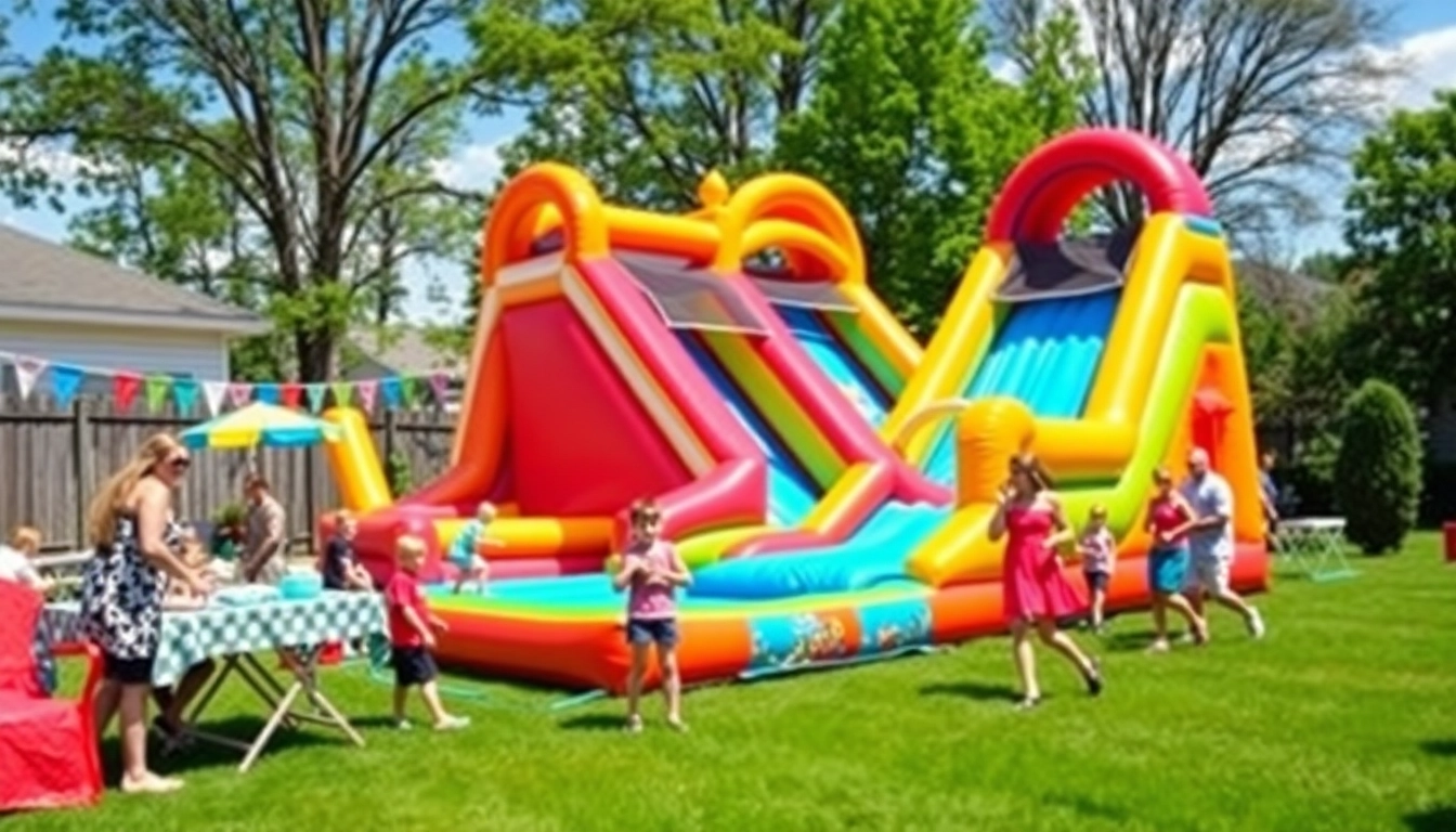 Families enjoying a summer party with a slide rental for fun.