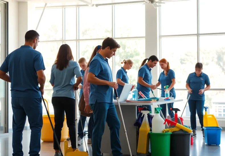 Jacksonville commercial cleaning team diligently tidying an office space, ensuring a spotless environment.