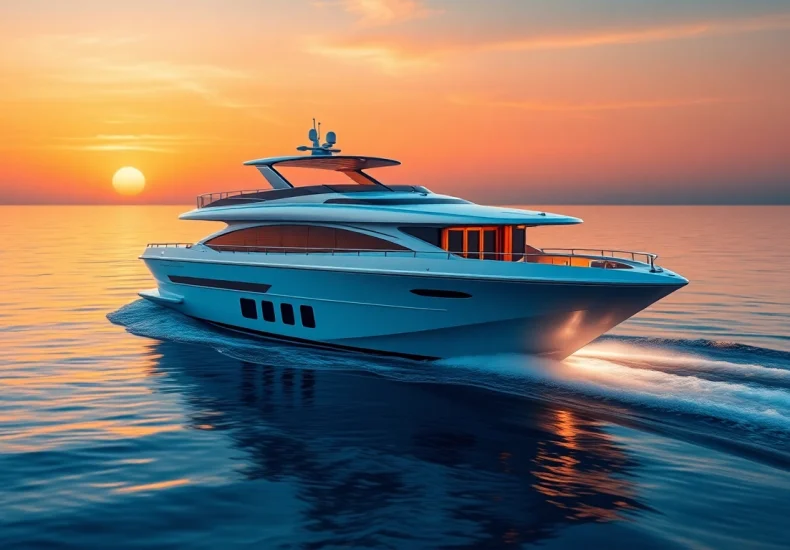 A luxurious cabin cruiser sailing at sunset, showcasing its elegant design and peaceful environment.