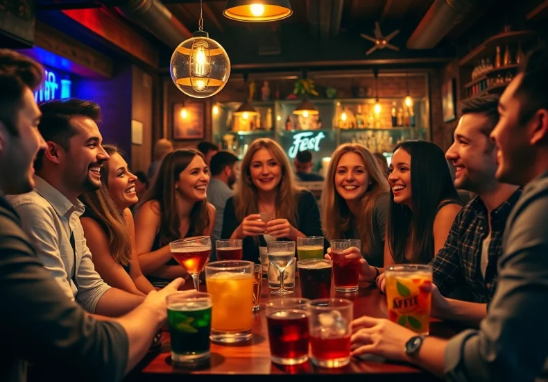 Colleagues enjoying an After Work Party in a lively bar setting with drinks and laughter.