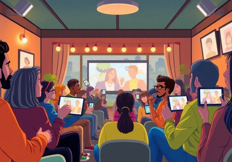 Engaged Live Stream Audience participating with interactive screens in a cozy setting.