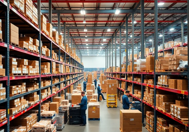 Efficient e-commerce fulfilment UK warehouse with busy staff packing orders for fast delivery.