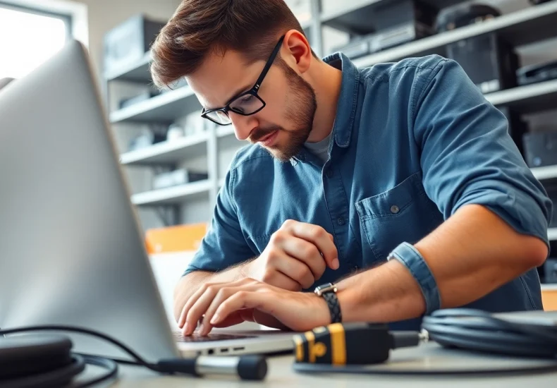 Riparazione pc Torino dal tecnico esperto mentre ripara un laptop in un'officina moderna.