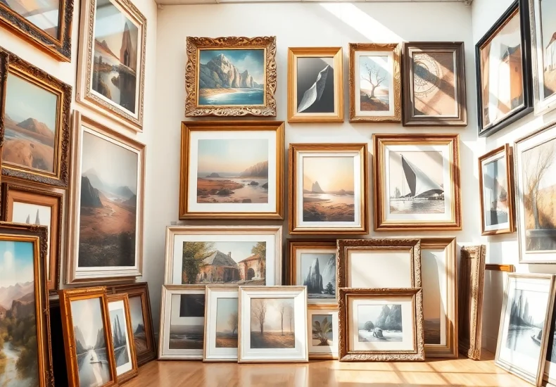 Showcasing large frames beautifully enhancing various artworks in a gallery setting.