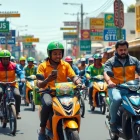 Engaging visual of delivery apps in Lagos showing vibrant riders using smartphones in an urban setting.