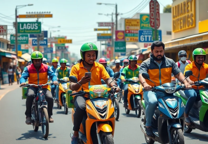 Engaging visual of delivery apps in Lagos showing vibrant riders using smartphones in an urban setting.