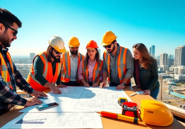 Southern California contractors association team reviewing blueprints on-site.