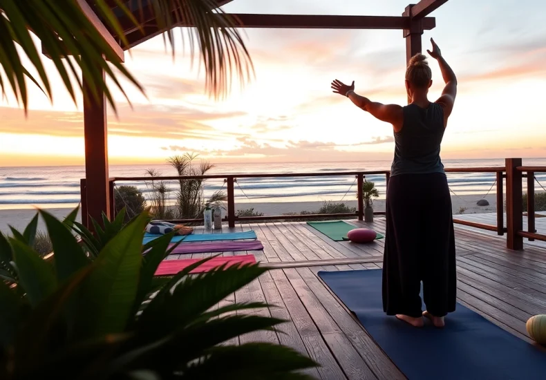 Experience a rejuvenating wellness retreat in Florida with yoga at sunset on a tranquil beach.