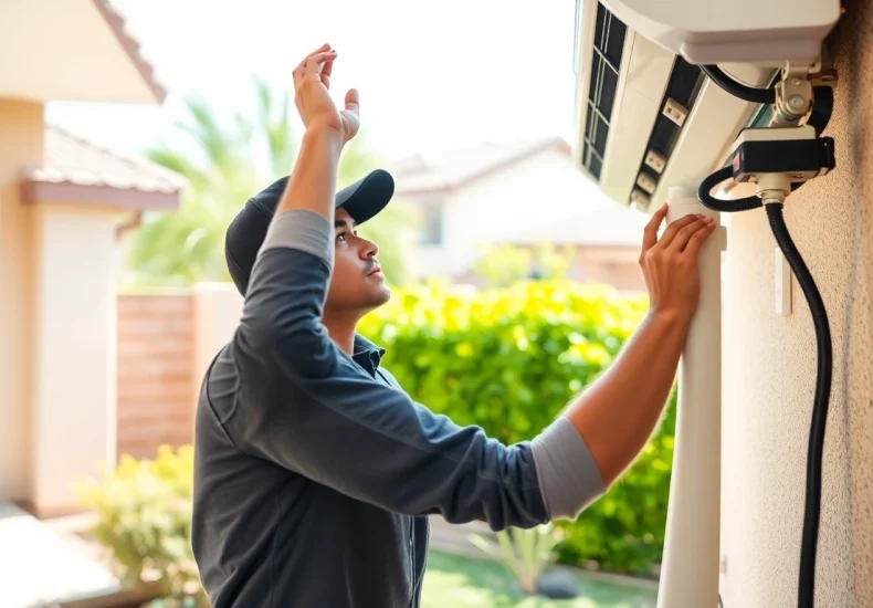 AC repair Glendale AZ showcased by a skilled technician fixing a unit in a cozy residential setting.