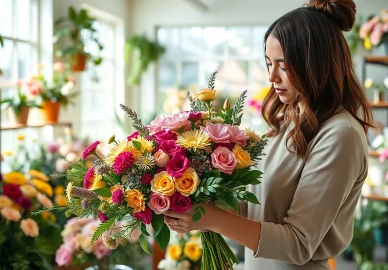 Stunning arrangement by an Irvine florist in a bright floral studio filled with fresh flowers.