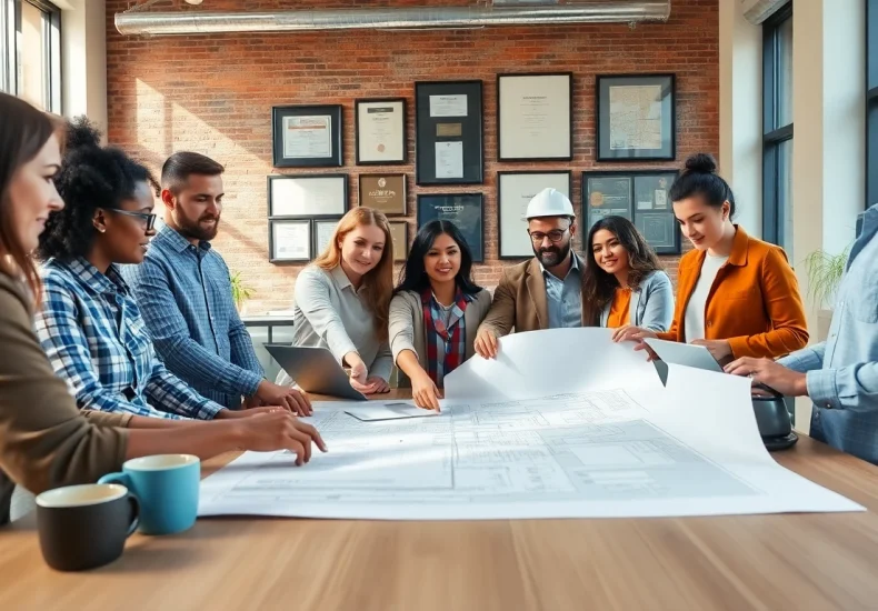 Southern California Contractors Association professionals collaborate on project blueprints in a modern office.