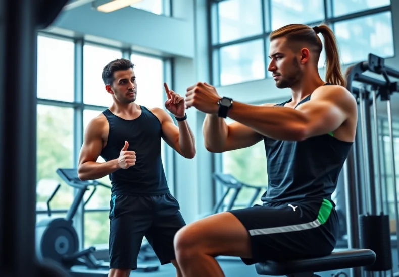 Personal Trainer Downtown Jersey City guiding a client through a workout in a modern gym setting.