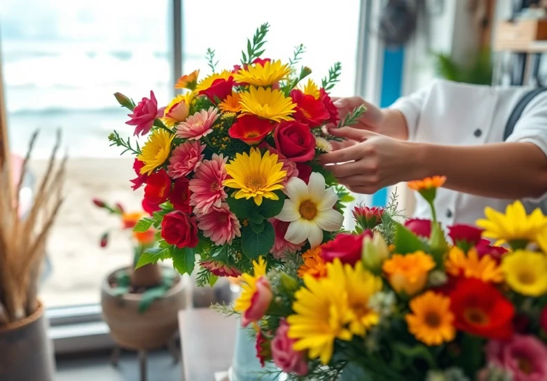 Crafting beautiful floral arrangements at a Huntington Beach florist showcasing vibrant blooms.