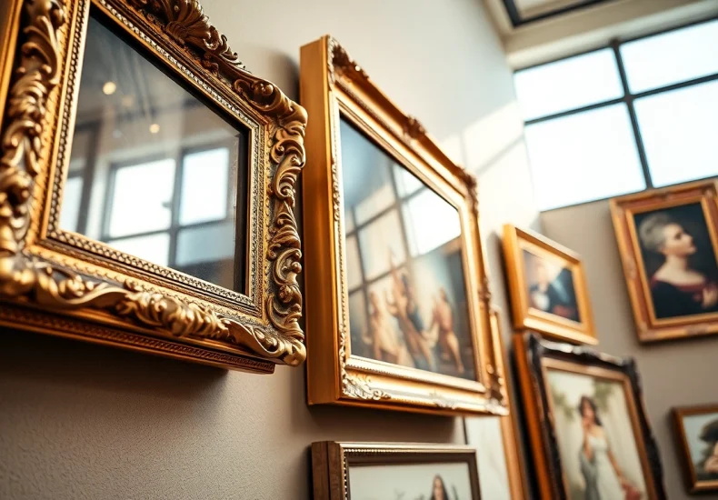 Showcasing ornate picture frames in a gallery, featuring intricate designs in gold.