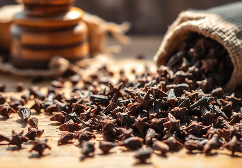 Cloves scattered on a wooden surface, showcasing their spiky shape and rich color.