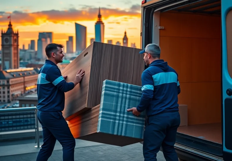 Watch professional movers London expertly lift furniture into a moving van against a city backdrop.