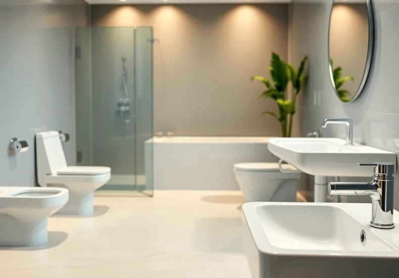 Showcase of American Standard bathroom fixtures displaying quality and modern design in a stylish setting.