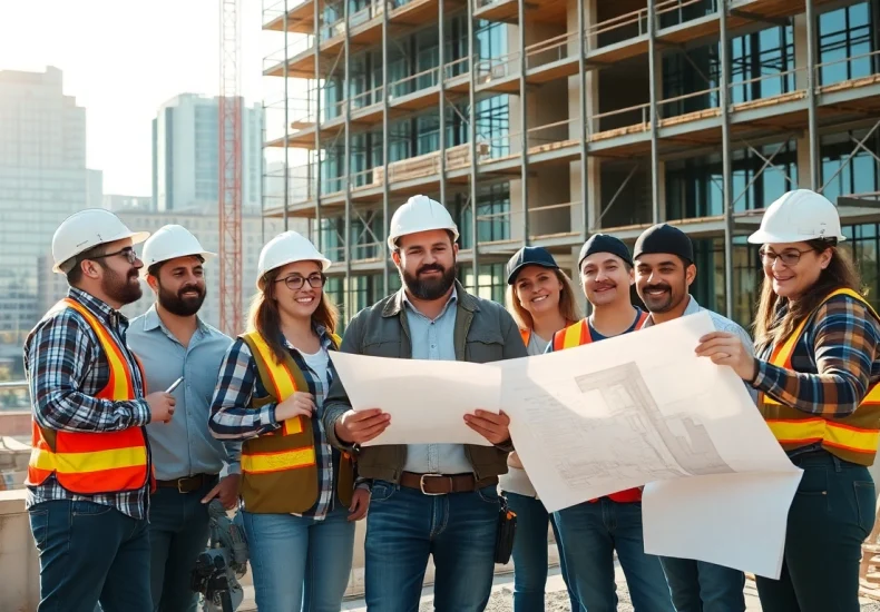 Austin construction workers reviewing blueprints and collaborating on a modern building project.