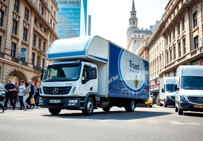 Moving services London showcased by a professional moving truck in a bustling urban environment.