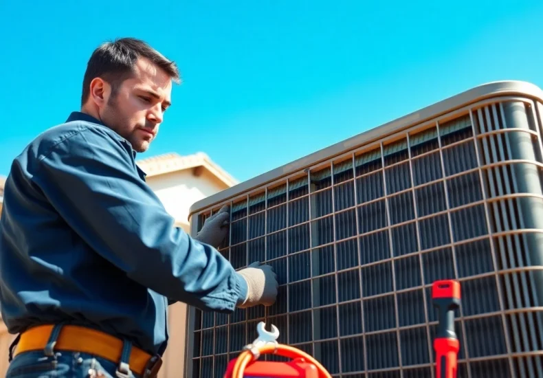 Performing ac repair in Glendale AZ, a technician servicing an air conditioning unit.