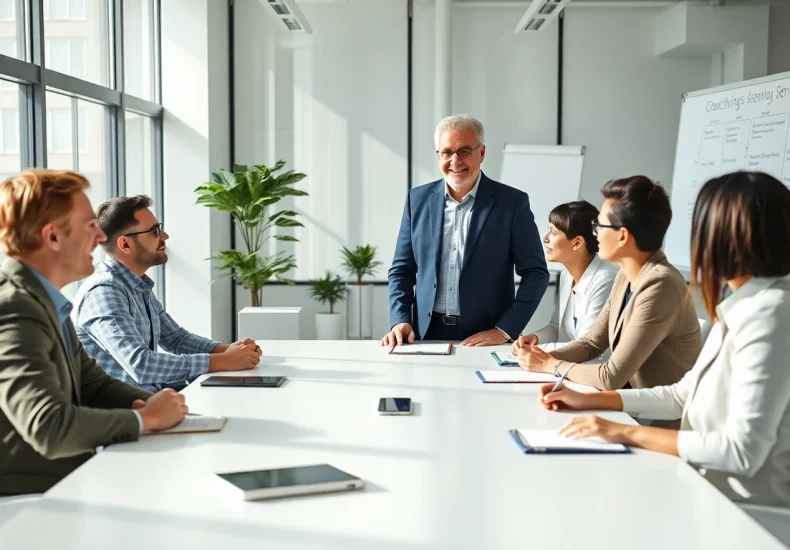 Dynamic business coaching service session with an interactive coaching approach in a modern office.