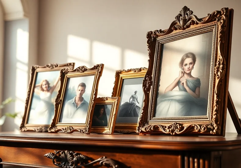 Showcase of ornate picture frames beautifully arranged to highlight intricate designs and artistic elegance.