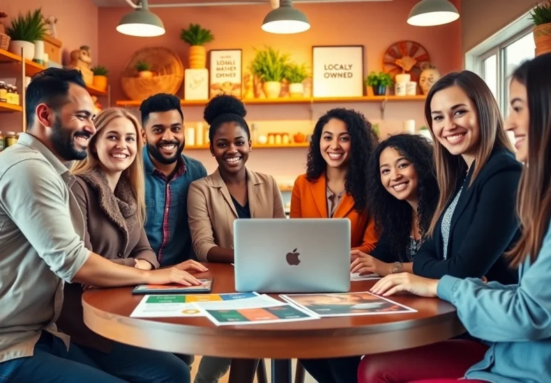 Locally owned business team engaged in creative collaboration in a vibrant atmosphere.