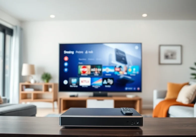 Showcase of IPTV services in a modern living room, highlighting entertainment options and technology.