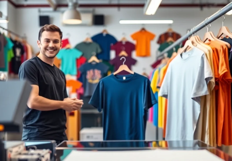 Engaging interaction at a t shirt printing Edmonton shop, showcasing custom designs and vibrant colors.