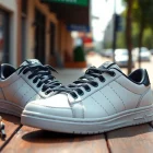 Showcase of high quality rep sneakers on a vintage wooden table, featuring intricate design details.