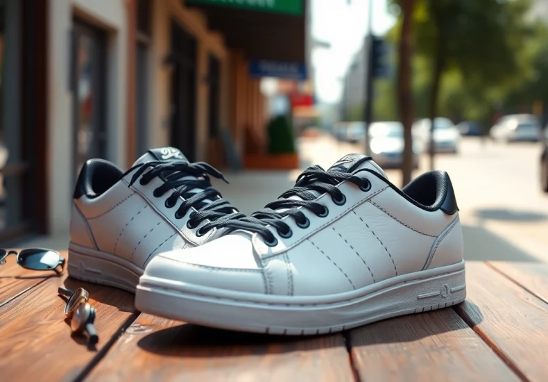 Showcase of high quality rep sneakers on a vintage wooden table, featuring intricate design details.
