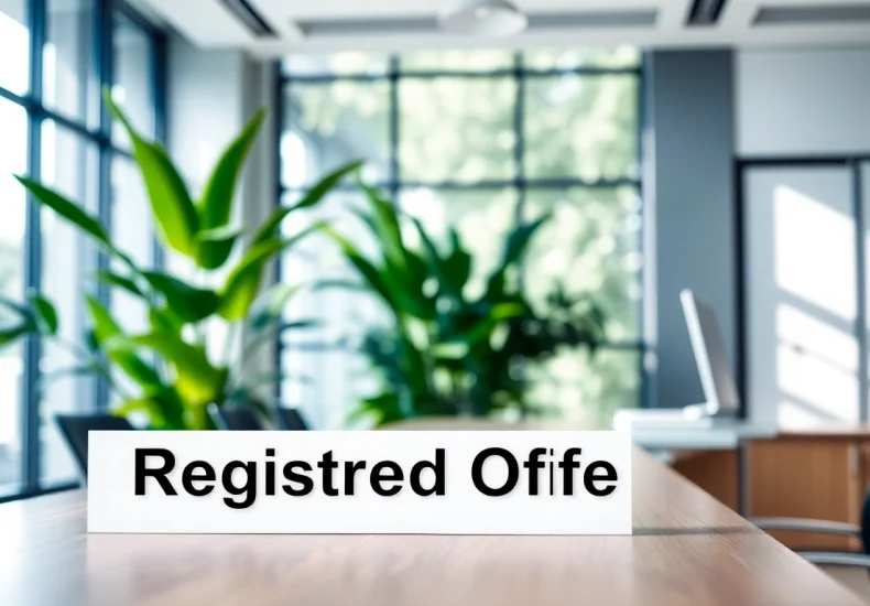 Showcasing a modern workspace with a registered office address sign for businesses.