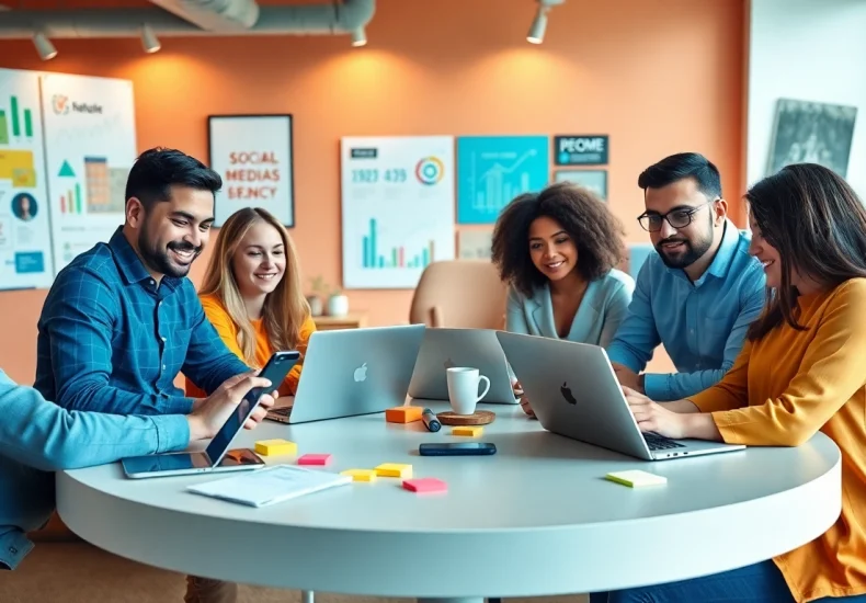 A social media agency team collaborating on strategies in a professional workspace.