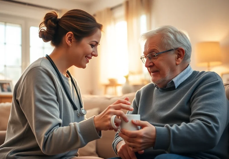 Promoting austin senior home care, a caregiver engaging warmly with a senior in a homely setting.