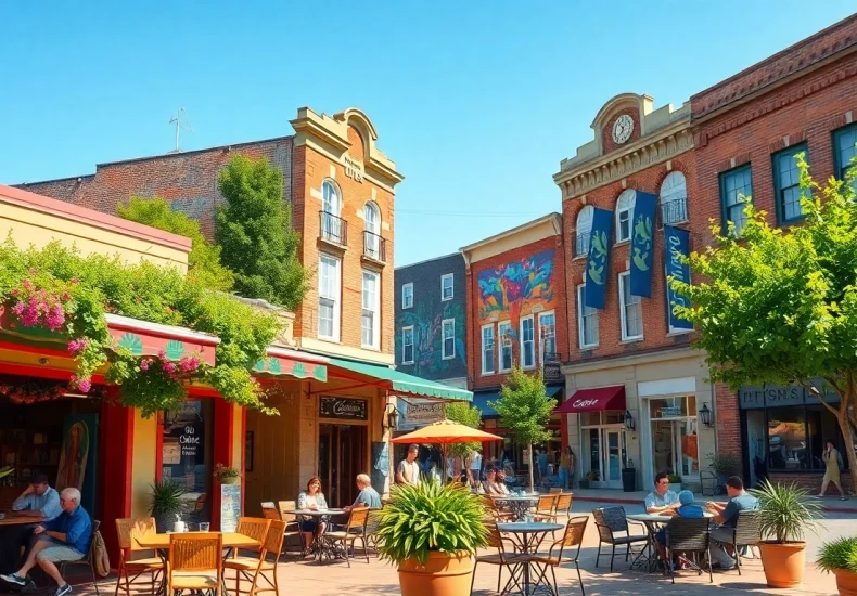 Clarksburg vibrant street with local café bustling with patrons enjoying their day.