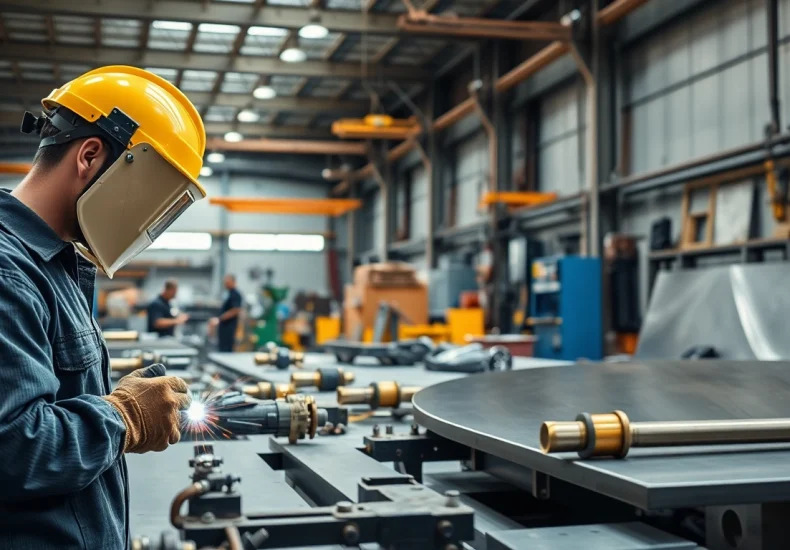 Industrial fabrication Edmonton: skilled workers strategically operating equipment in a vibrant workshop.