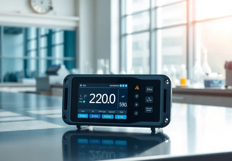 Hydrogen monitor displaying essential data in a modern lab setting with sleek features and bright lighting.