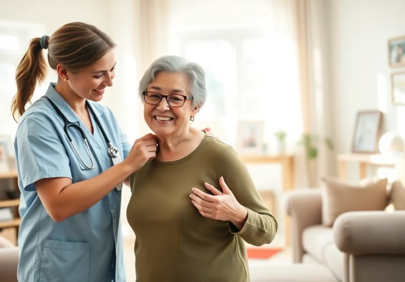 Engaging moment of austin senior home care with caregiver and elder in warm living room.